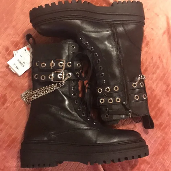 ZARA LEATHER COMBAT BOOTS BLACK WITH ZIPPER &amp; LACE