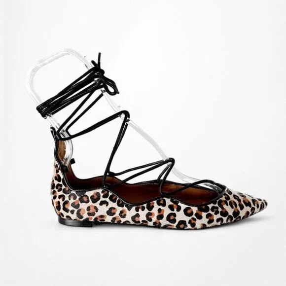 Zara Leopard Print Lace Up Pointy Toe Ballet Flats Size 6