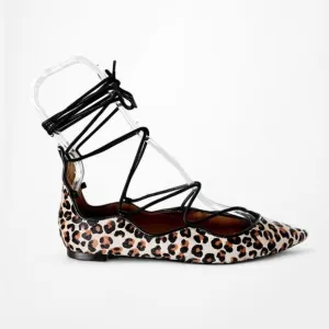 Zara Leopard Print Lace Up Pointy Toe Ballet Flats Size 6
