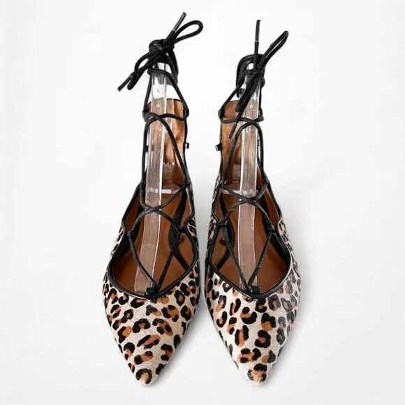 Zara Leopard Print Lace Up Pointy Toe Ballet Flats Size 6