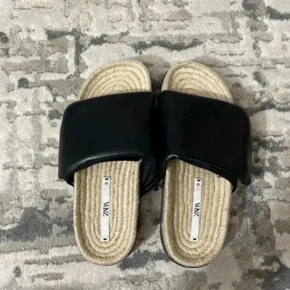 Zara low heel black quilted jute sandals 7.5