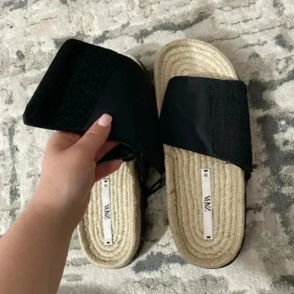 Zara low heel black quilted jute sandals 7.5