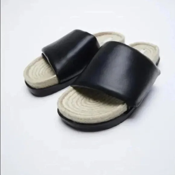 Zara low heel black quilted jute sandals 7.5