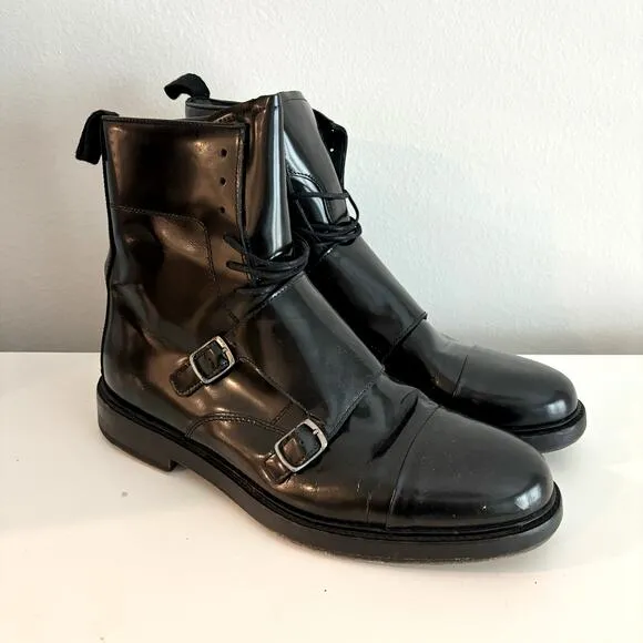 Zara Man Monk Strap Boots Size 43 Mens 10 Black Avant Garde Moto Combat Lace-Up