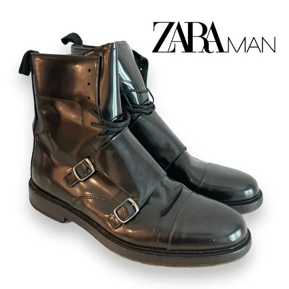Zara Man Monk Strap Boots Size 43 Mens 10 Black Avant Garde Moto Combat Lace-Up