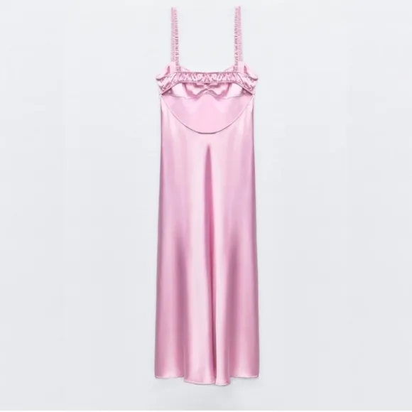 ZARA SATIN EFFECT MIDI SLIP DRESS PINK