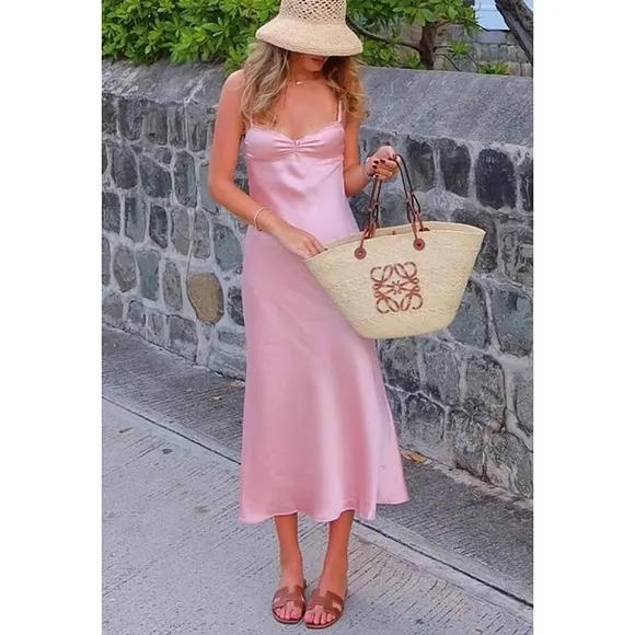 ZARA SATIN EFFECT MIDI SLIP DRESS PINK