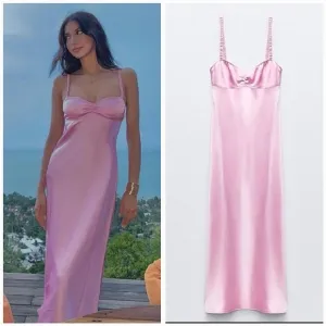 ZARA SATIN EFFECT MIDI SLIP DRESS PINK