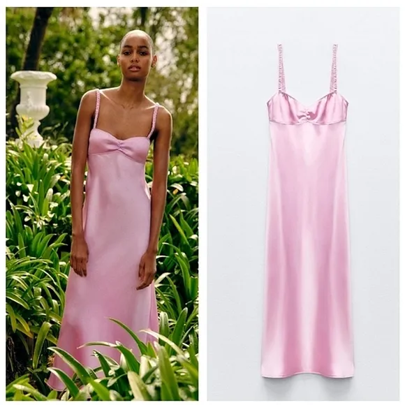 ZARA SATIN EFFECT MIDI SLIP DRESS PINK