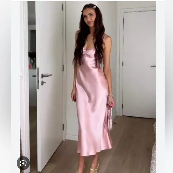 ZARA SATIN EFFECT MIDI SLIP DRESS PINK