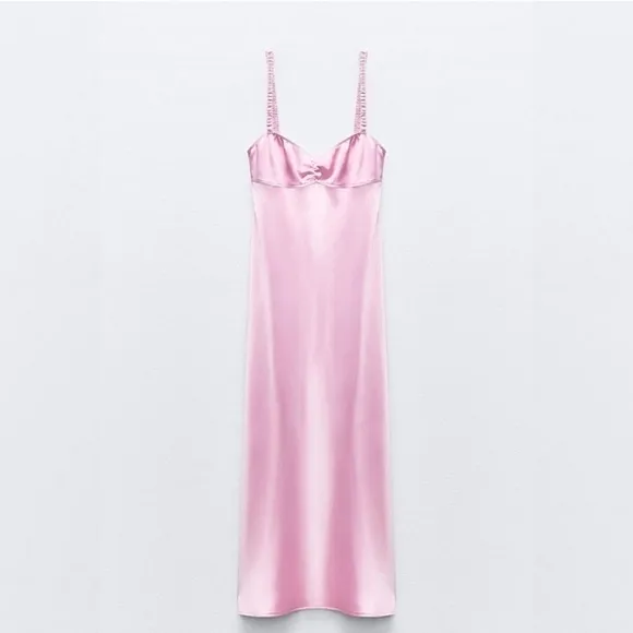 ZARA SATIN EFFECT MIDI SLIP DRESS PINK