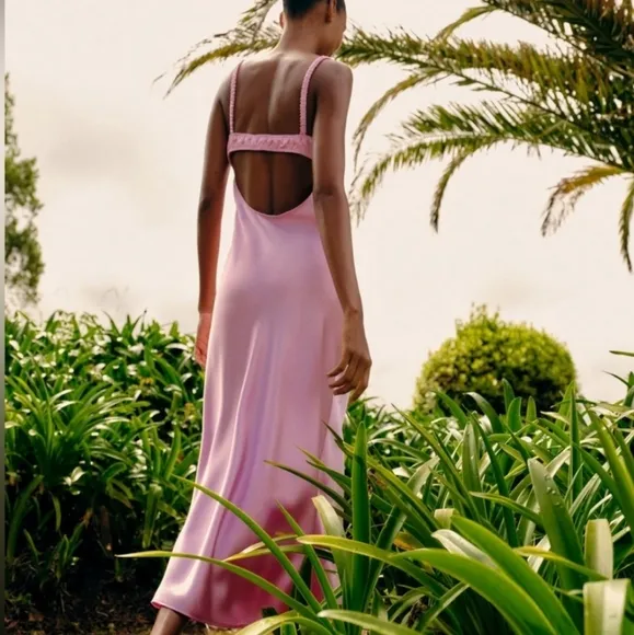 ZARA SATIN EFFECT MIDI SLIP DRESS PINK