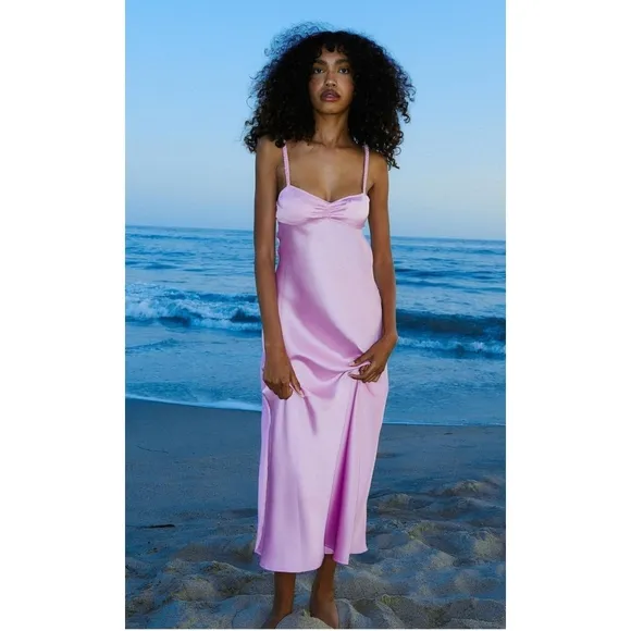 ZARA SATIN EFFECT MIDI SLIP DRESS PINK