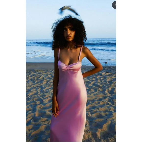 ZARA SATIN EFFECT MIDI SLIP DRESS PINK