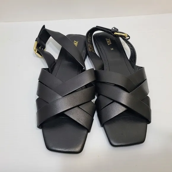 ZARA STRAPPY LEATHER SANDALS BLACK SIZE 8 | 2519/110/800