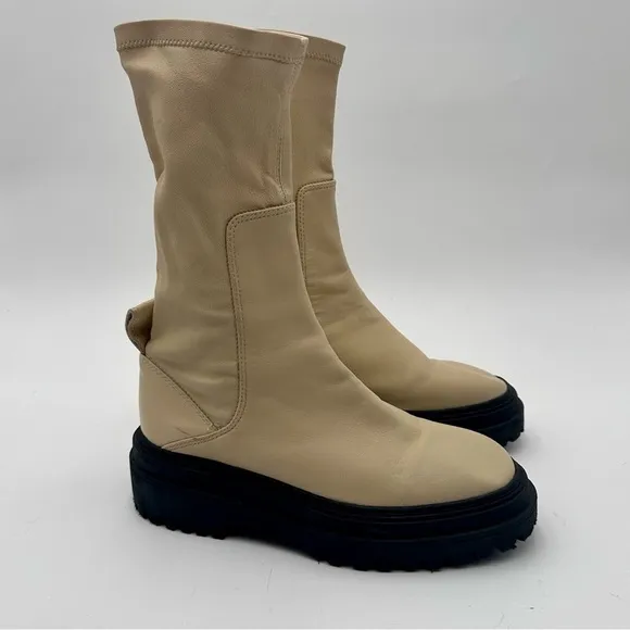Zara Womens EU 40/ US 9.5 Platform Chelsea Combat Boots Ivory Cream Pull On