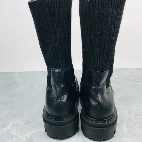 Zara Sock Womens Size 8 Boots Black Leather Heeled Sock Combat Biker Ankle Boots