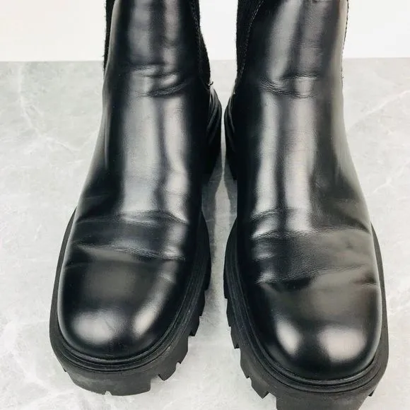 Zara Sock Womens Size 8 Boots Black Leather Heeled Sock Combat Biker Ankle Boots