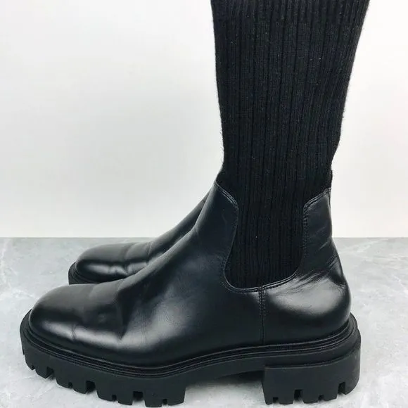 Zara Sock Womens Size 8 Boots Black Leather Heeled Sock Combat Biker Ankle Boots