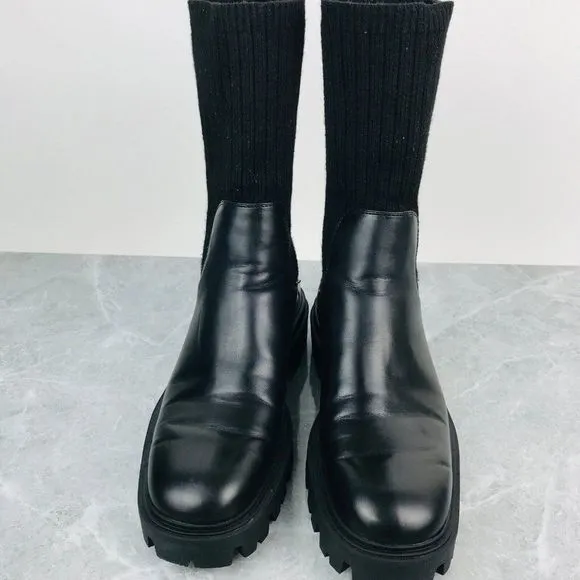 Zara Sock Womens Size 8 Boots Black Leather Heeled Sock Combat Biker Ankle Boots