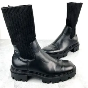 Zara Sock Womens Size 8 Boots Black Leather Heeled Sock Combat Biker Ankle Boots