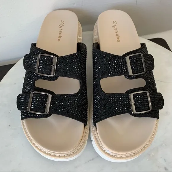 Zigi Soho Platform Black Glitter Slip On Sandals Size 9