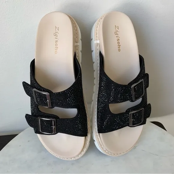 Zigi Soho Platform Black Glitter Slip On Sandals Size 9