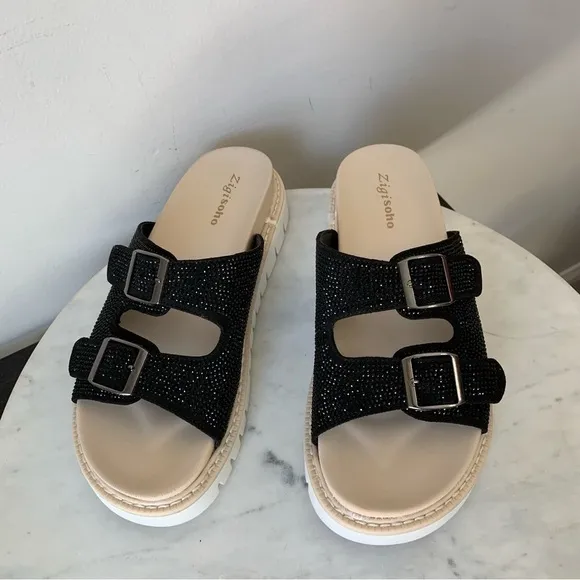 Zigi Soho Platform Black Glitter Slip On Sandals Size 9